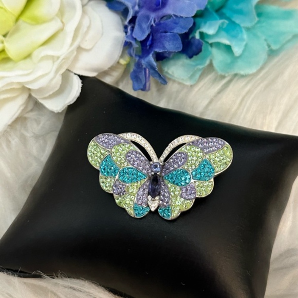 Elegant Butterfly Pendant With Green Teal and Purple Swarovski Crystals